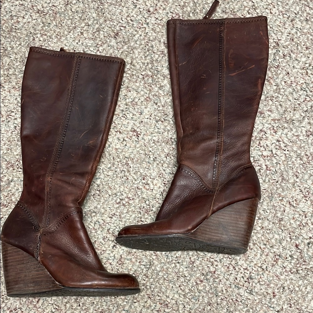 Fossil Brown Leather Knee-High Wedge Boots